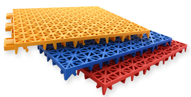 Versacourt Game Outdoor Tile - stack of sample tiles in yellow, blue, red
