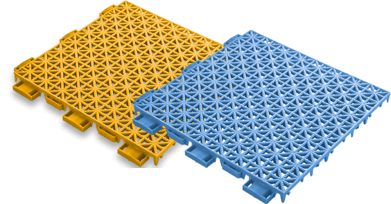 Sample court tile in yellow and pickleball tile in blue