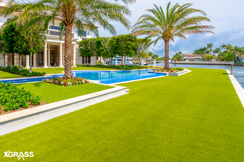 Backyard with low maintenance turf around a luxury pool