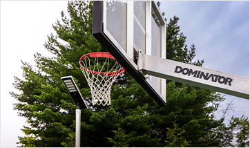 close up of Dominator basketball goal showing precision engineered construction