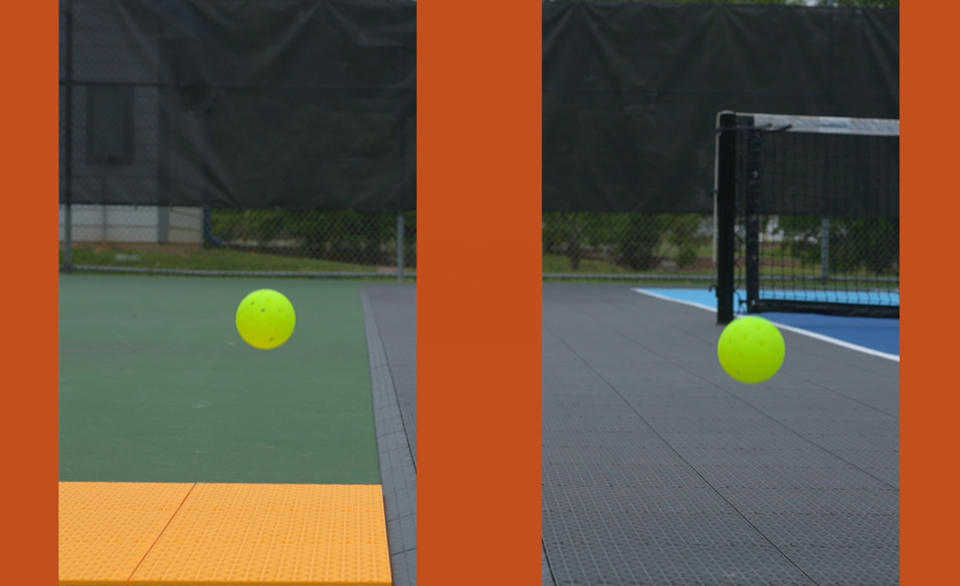 Still image of two Pickleballs bouncing on different courts